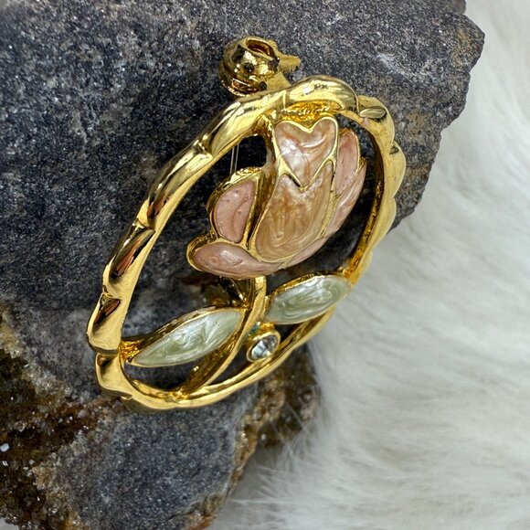 Vintage Enamel Gold Tone & Rhinestone Oval Flower Floral Brooch Pin - Picture 2 of 5